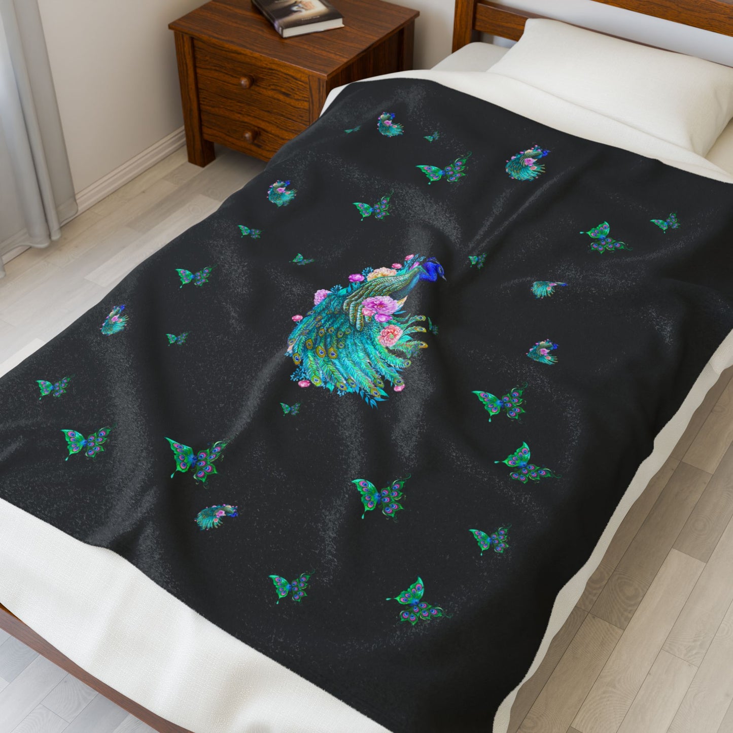 Peacock Butterfly Blossom Velveteen Plush Blanket — Floral Peacock Throw by EraofInk