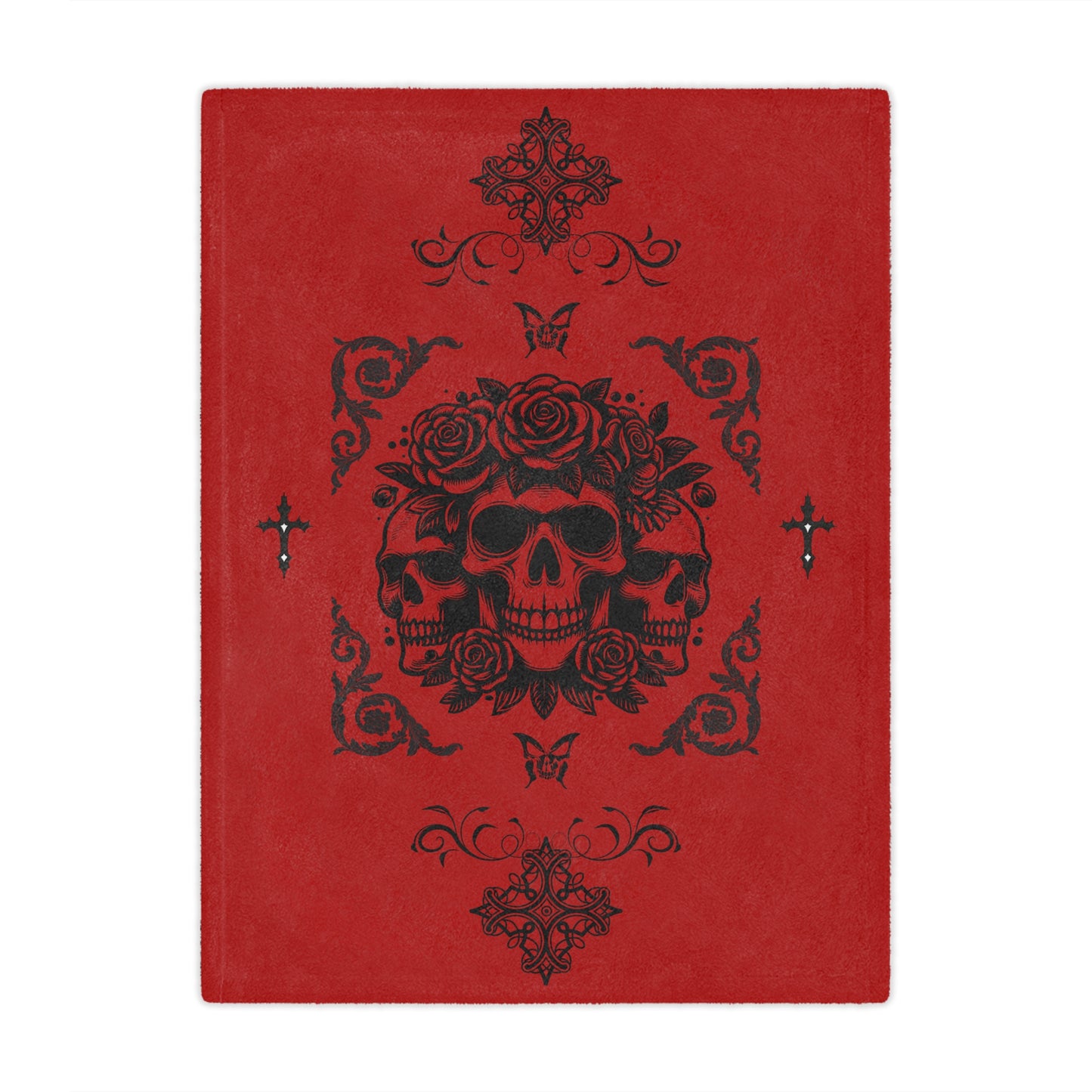 Red Skull & Roses Minky Blanket — Gothic Skull Throw for Halloween, Cozy Home Decor