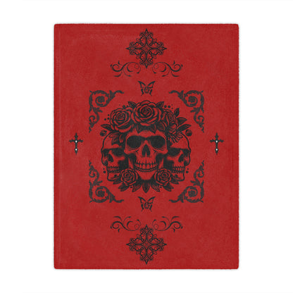 Red Skull & Roses Minky Blanket — Gothic Skull Throw for Halloween, Cozy Home Decor