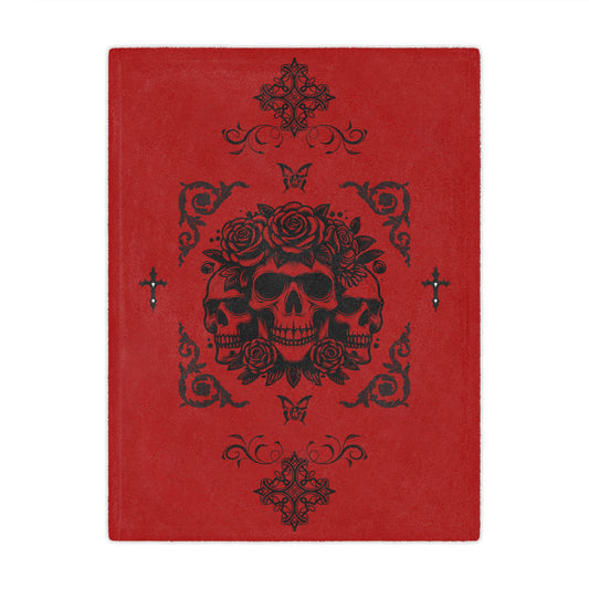 Red Skull & Roses Minky Blanket — Gothic Skull Throw for Halloween, Cozy Home Decor