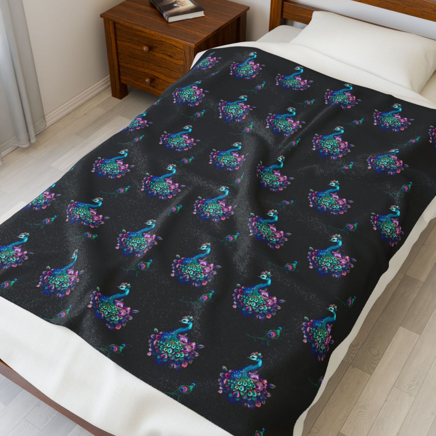 Stunning Peacock and Peacock Feathers Velveteen Plush Blanket — Pattern Throw by EraofInk