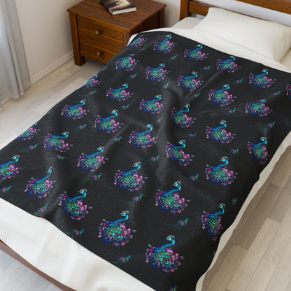 Stunning Peacock and Peacock Feathers Velveteen Plush Blanket — Pattern Throw by EraofInk