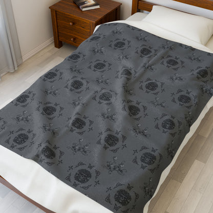 Skulls and Roses Velveteen Plush Blanket — Cozy Grey Floral Crest Throw by EraofInk