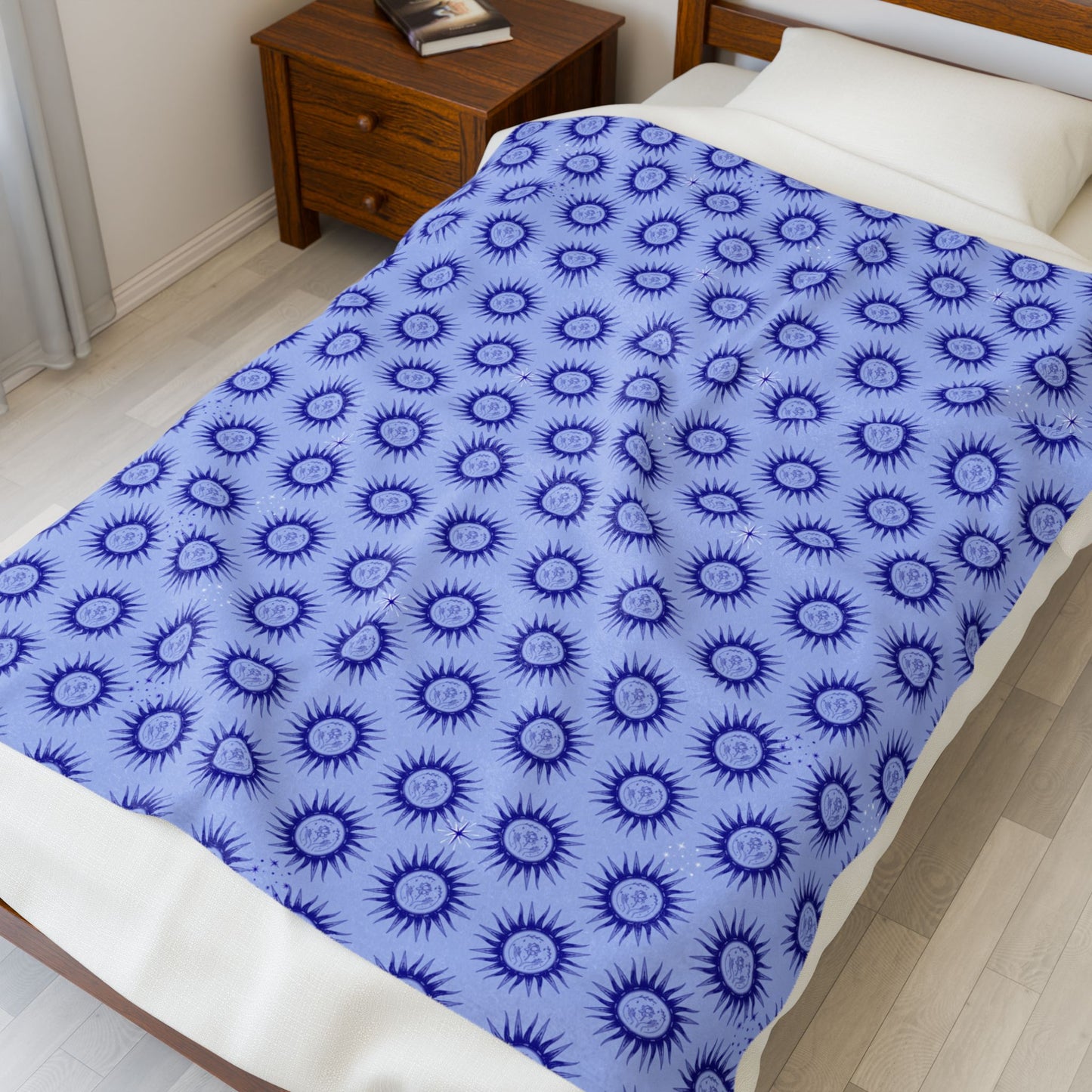 Blue Sunburst Pattern Velveteen Plush Blanket - Cozy Decorative Throw by EraofInk