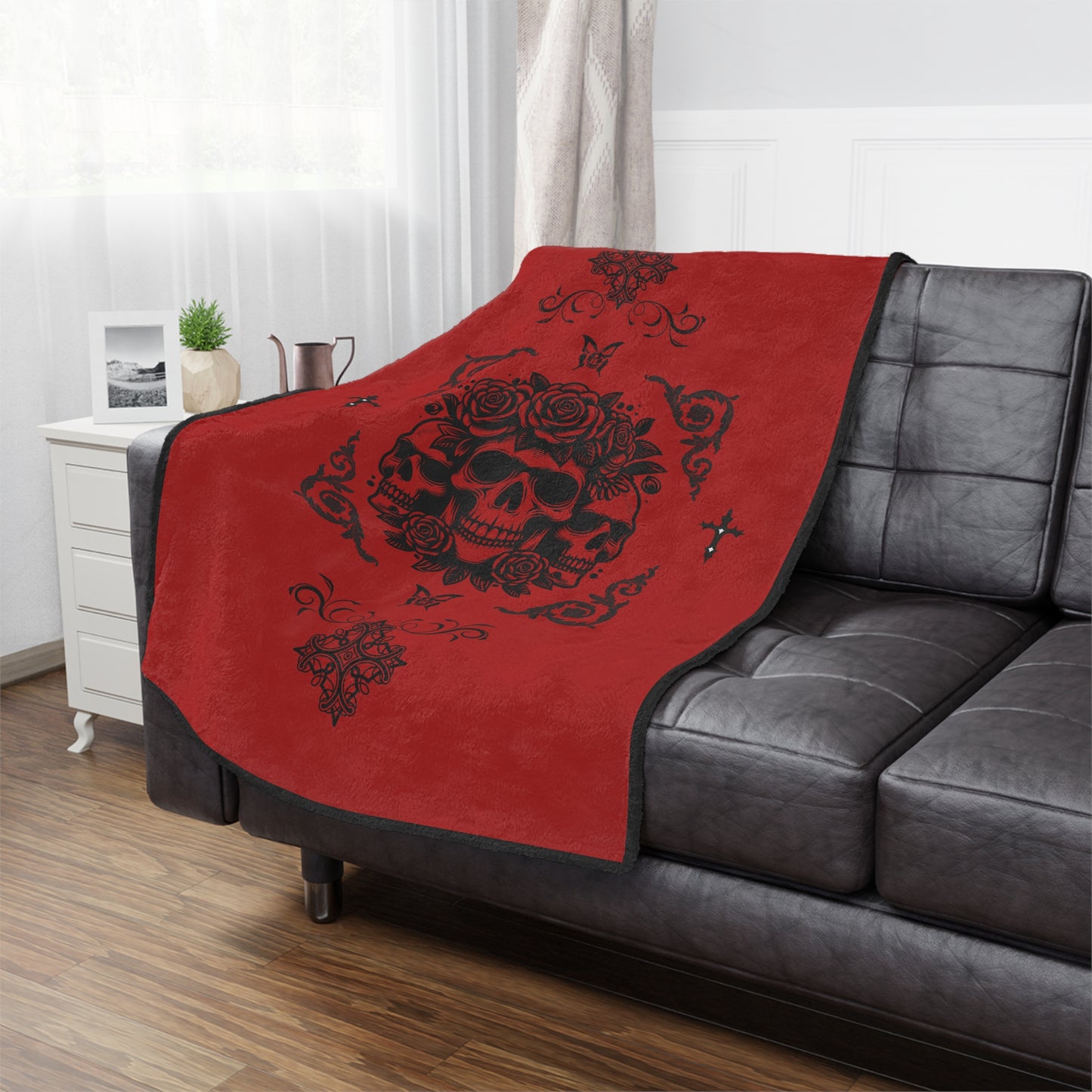 Red Skull & Roses Minky Blanket — Gothic Skull Throw for Halloween, Cozy Home Decor