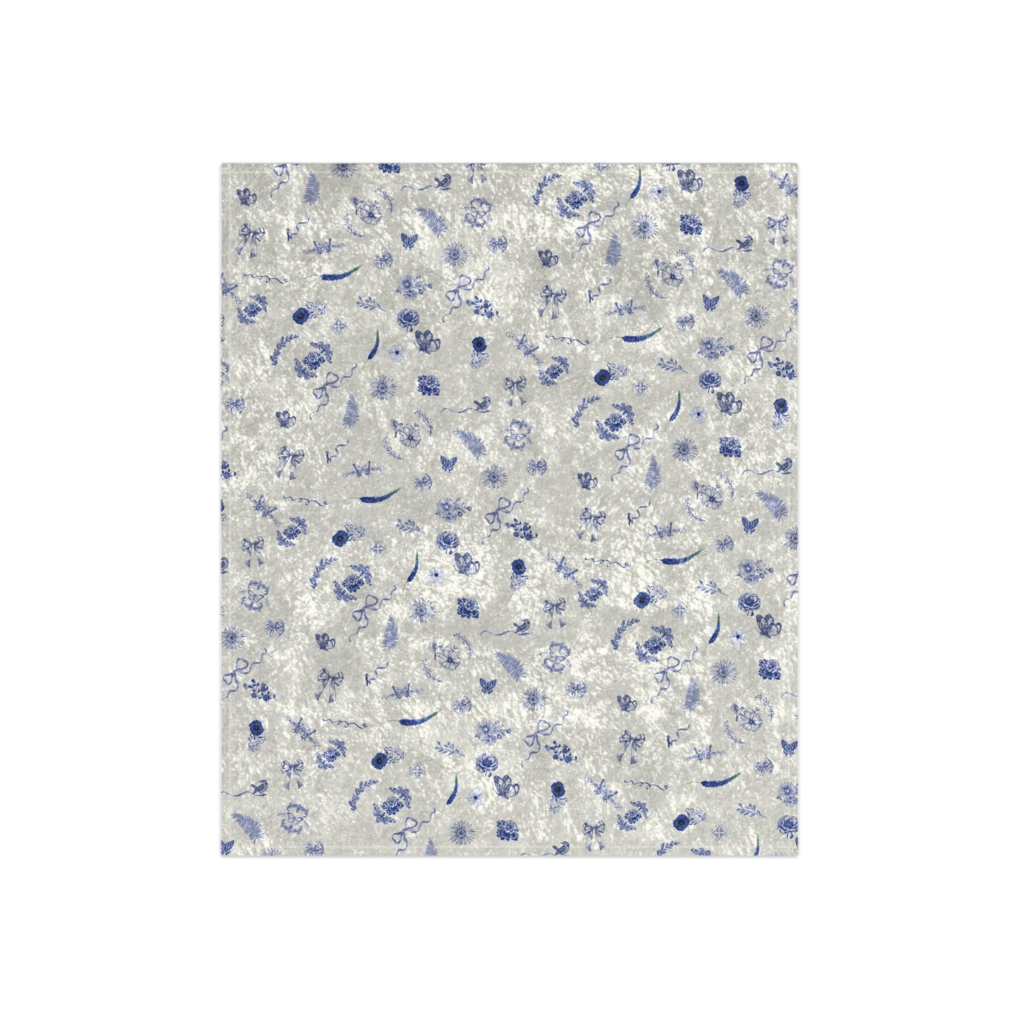 Toile Blue Butterflies, Floral & Bows Crushed Velvet Blanket ONE OF A KIND