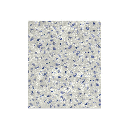 Toile Blue Butterflies, Floral & Bows Crushed Velvet Blanket ONE OF A KIND