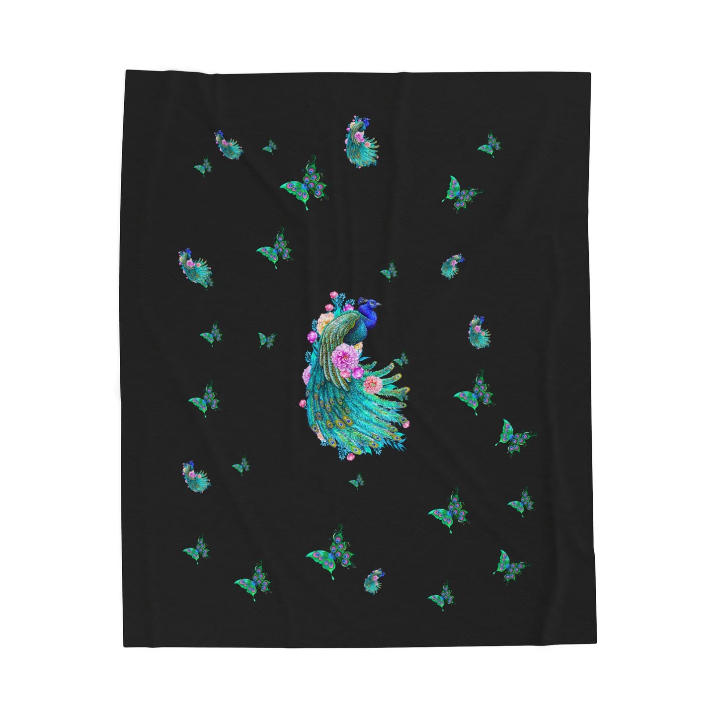 Peacock Butterfly Blossom Velveteen Plush Blanket — Floral Peacock Throw by EraofInk