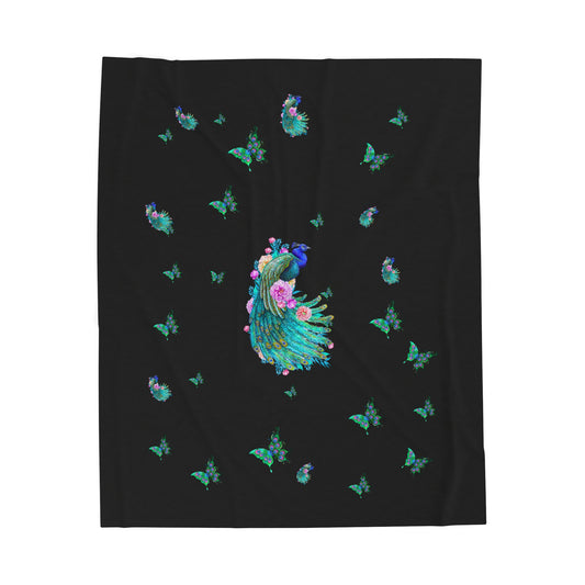 Peacock Butterfly Blossom Velveteen Plush Blanket — Floral Peacock Throw by EraofInk