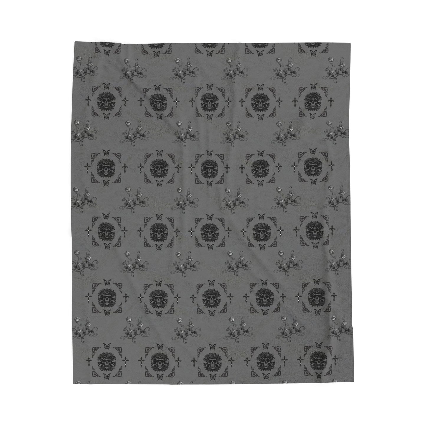 Skulls and Roses Velveteen Plush Blanket — Cozy Grey Floral Crest Throw by EraofInk