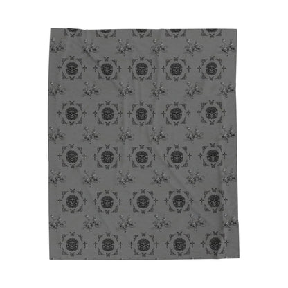 Skulls and Roses Velveteen Plush Blanket — Cozy Grey Floral Crest Throw by EraofInk