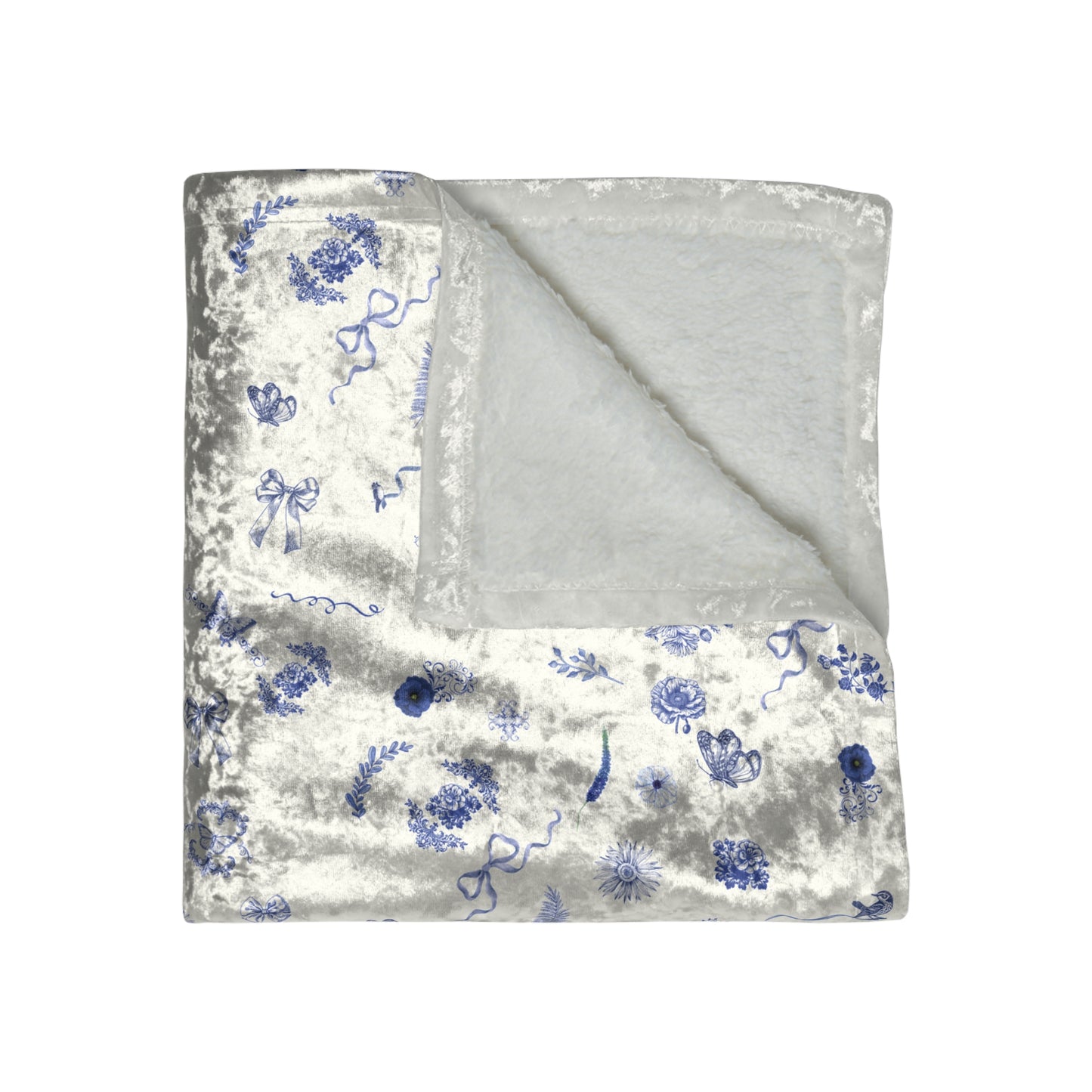 Toile Blue Butterflies, Floral & Bows Crushed Velvet Blanket ONE OF A KIND