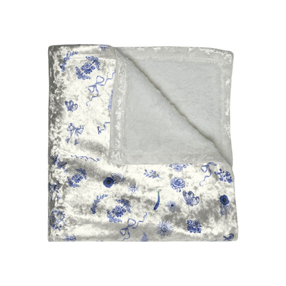 Toile Blue Butterflies, Floral & Bows Crushed Velvet Blanket ONE OF A KIND