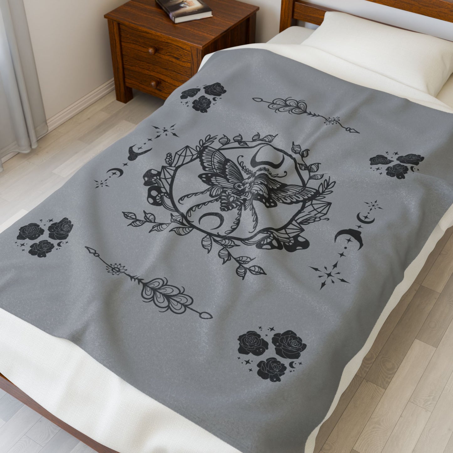 Mystic Moth Moon Velveteen Blanket Goth Style by EraofInk