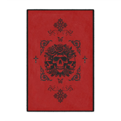 Red Skull & Roses Minky Blanket — Gothic Skull Throw for Halloween, Cozy Home Decor