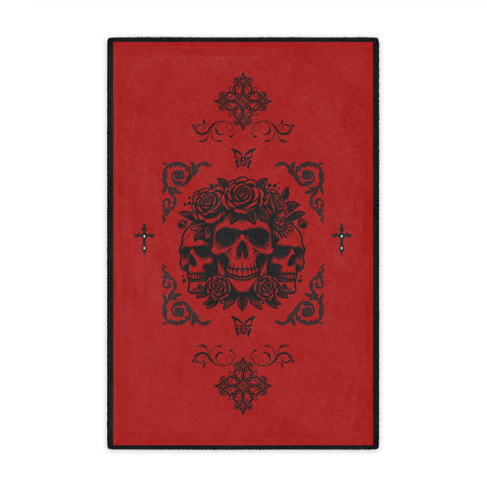 Red Skull & Roses Minky Blanket — Gothic Skull Throw for Halloween, Cozy Home Decor