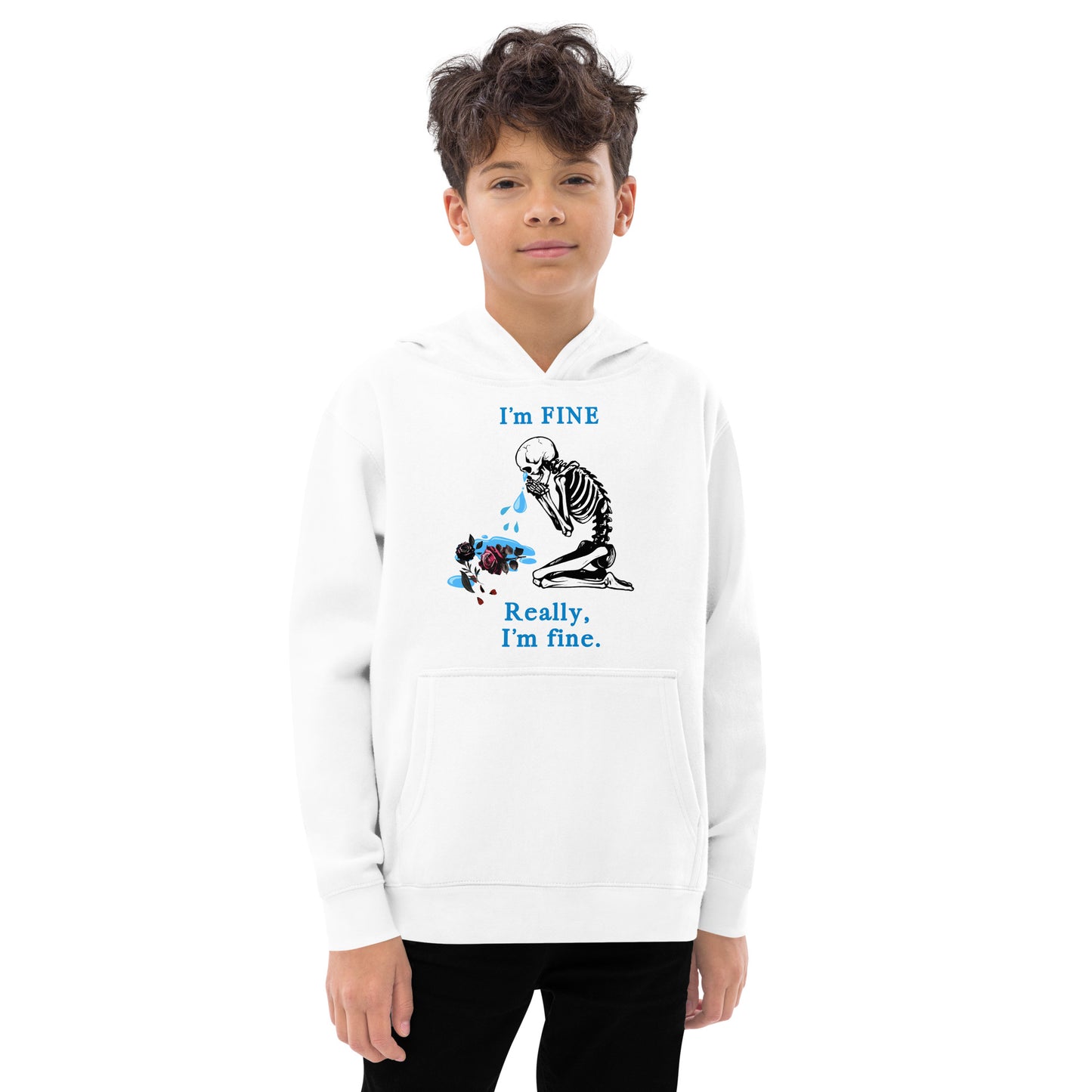 I'm Fine, Really, I'm Fine with crying skeleton bent over a dying rose - Kids fleece hoodie