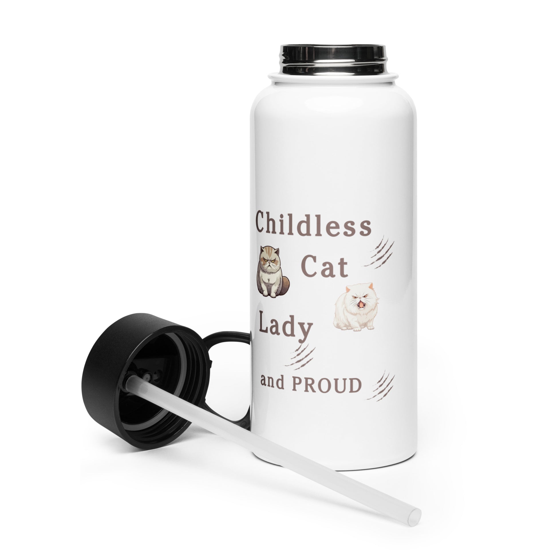 Childless Cat Lady & Proud Stainless Steel Water Bottle With Straw Lid by EraofInk