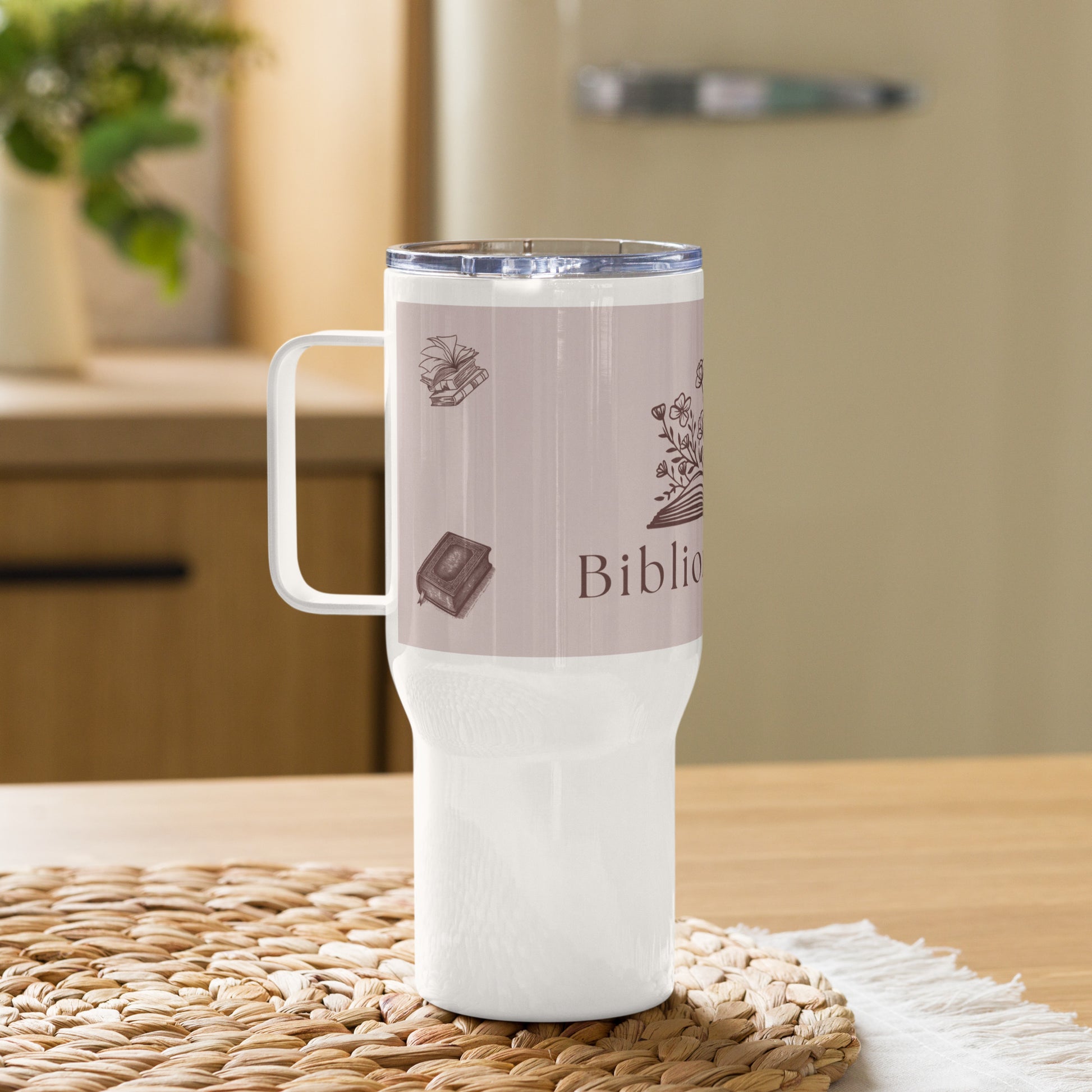 Bibliomaniac Travel Mug with a Handle by EraofInk