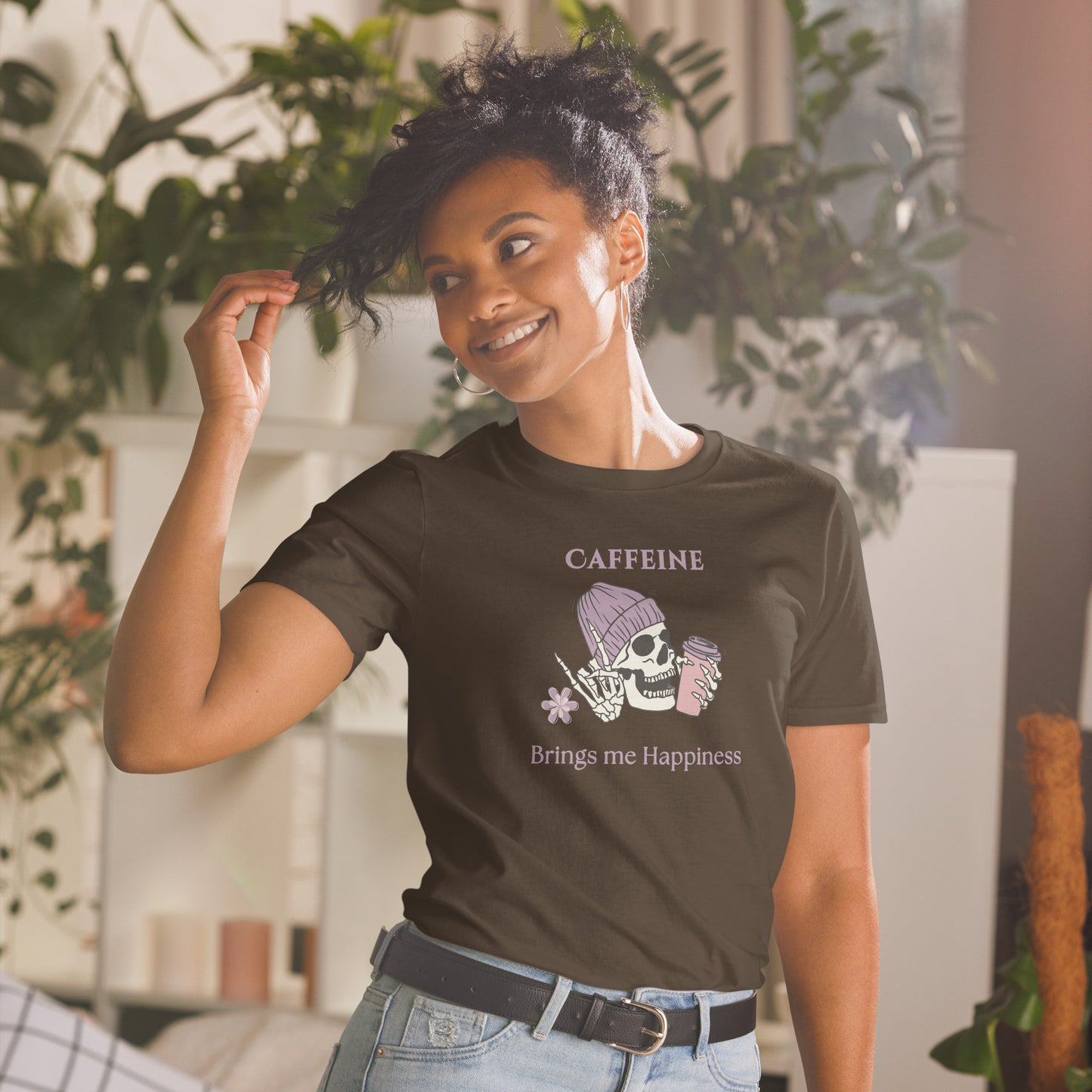 Tee for Skull & Caffeine Lovers Caffeine Brings Me Happiness Unisex Tee by EraofInk