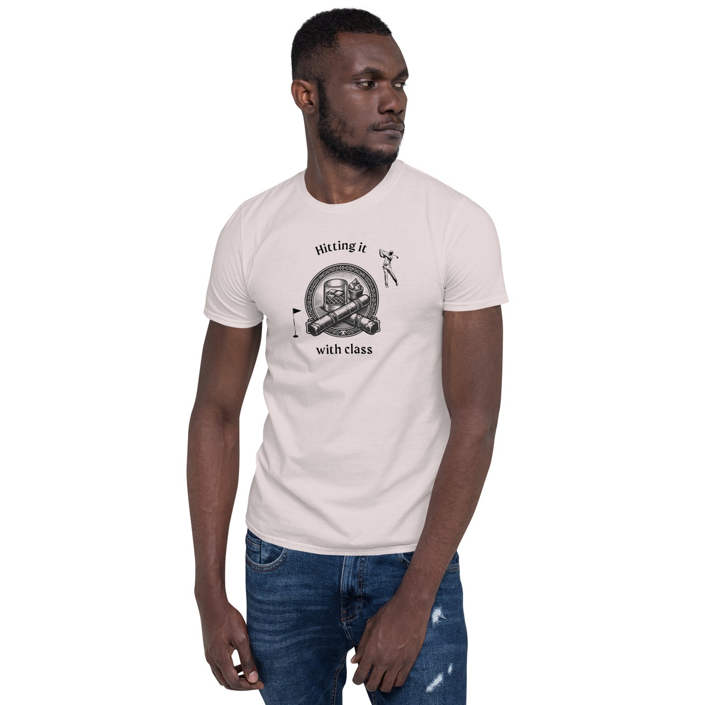 Tee for a Guy Who Loves Golf Bourbon & Cigars Hitting It With Class Unisex Tee by EraofInk