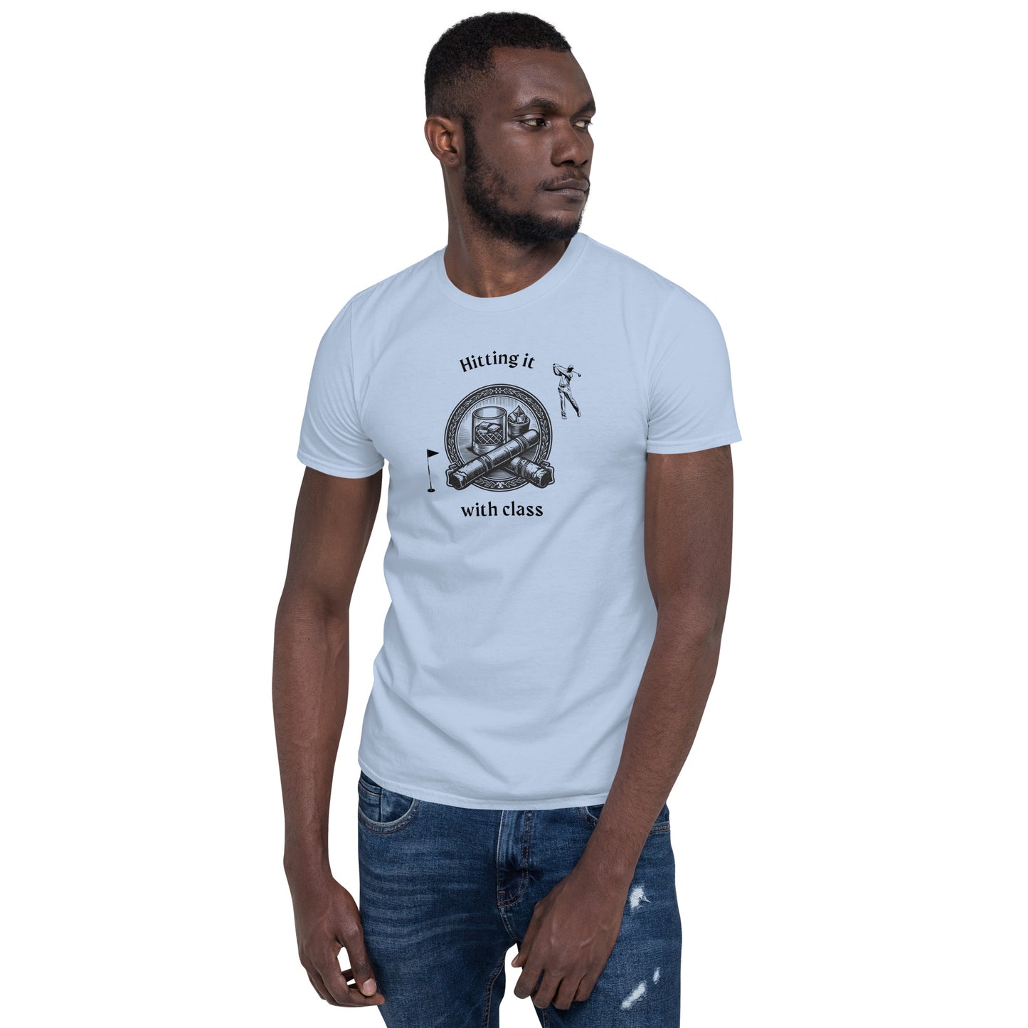 Tee for a Guy Who Loves Golf Bourbon & Cigars Hitting It With Class Unisex Tee by EraofInk