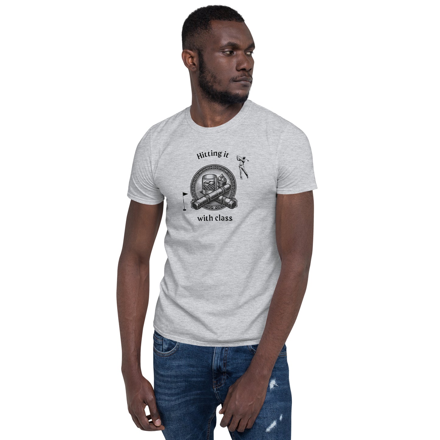 Tee for a Guy Who Loves Golf Bourbon & Cigars Hitting It With Class Unisex Tee by EraofInk
