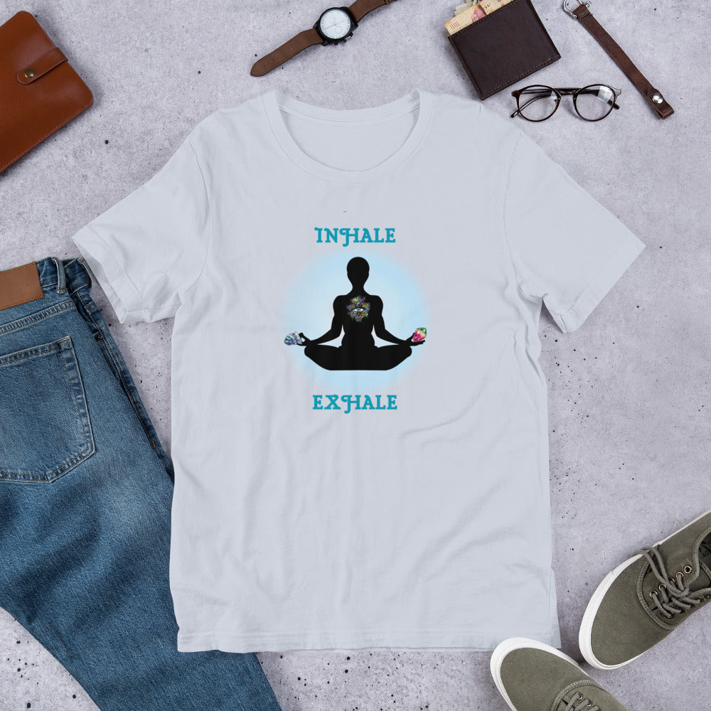 Inhale Exhale - Lotus pose holding crystals - Unisex t-shirt - by RecreatingKrista