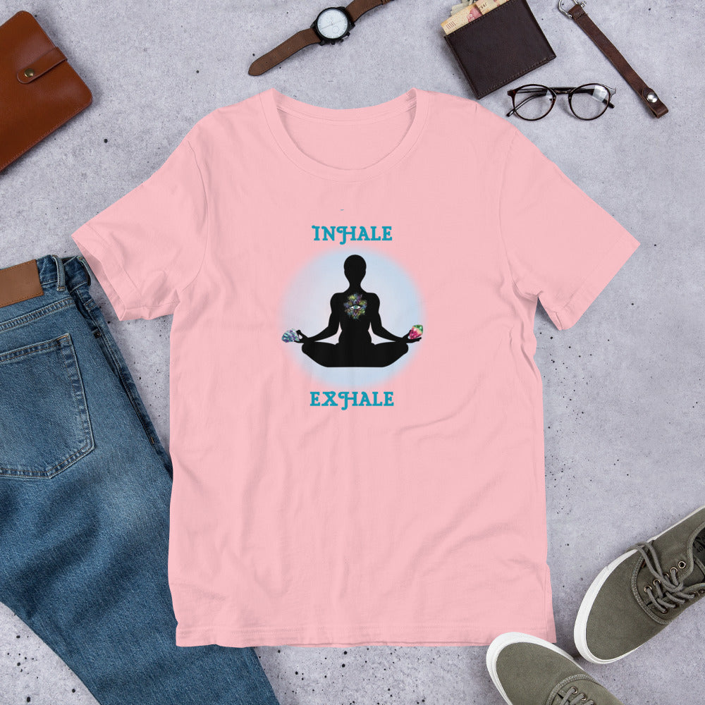 Inhale Exhale - Lotus pose holding crystals - Unisex t-shirt - by RecreatingKrista