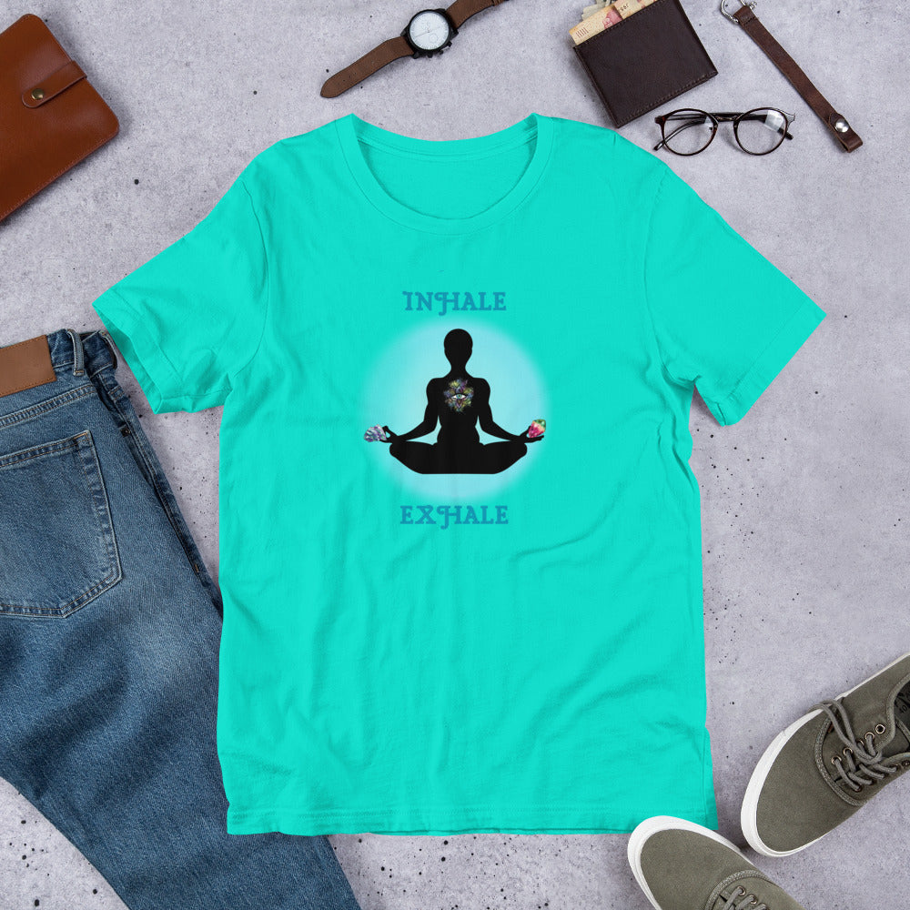 Inhale Exhale - Lotus pose holding crystals - Unisex t-shirt - by RecreatingKrista