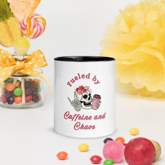 Fueled by Caffeine and Chaos Mug with Color Inside by EraofInk