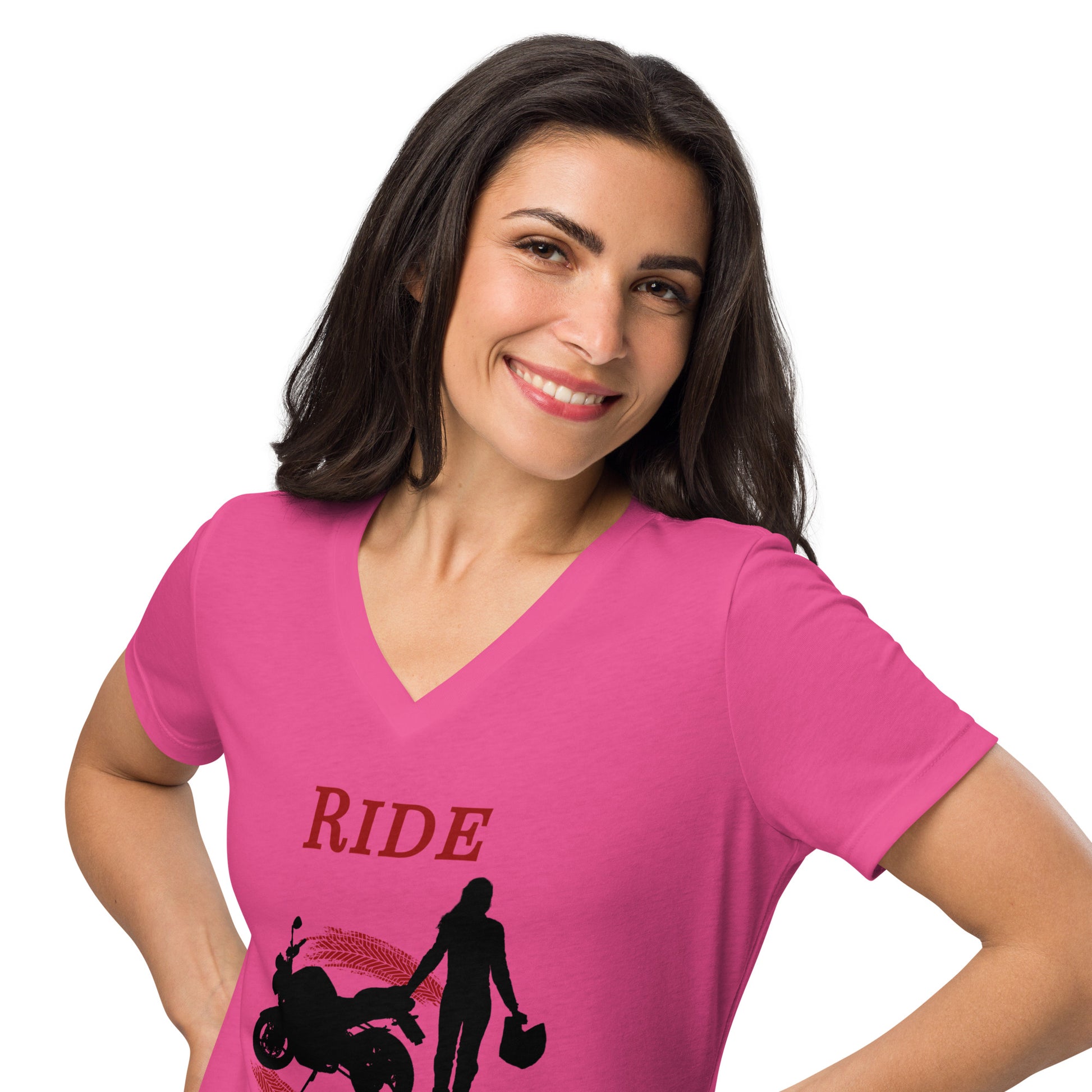 Ride Wild Motorcycle Biker Girl Women’s Relaxed V-neck Tee by EraofInk