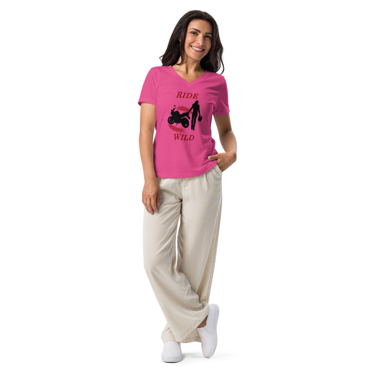 Ride Wild Motorcycle Biker Girl Women’s Relaxed V-neck Tee by EraofInk