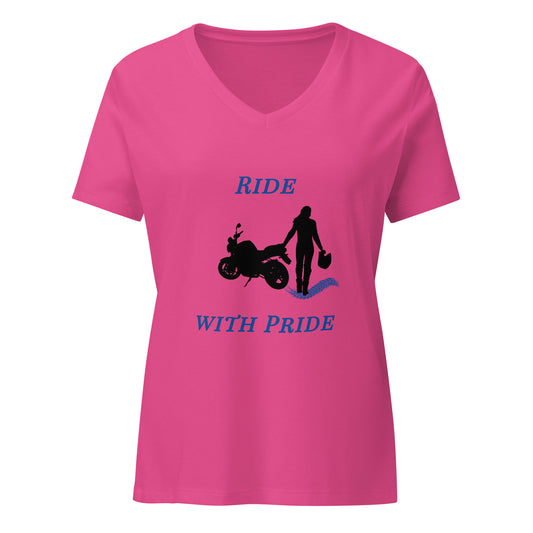 Ride With Pride Motorcycle Biker Girl Women’s Relaxed V-Neck Tee by EraofInk