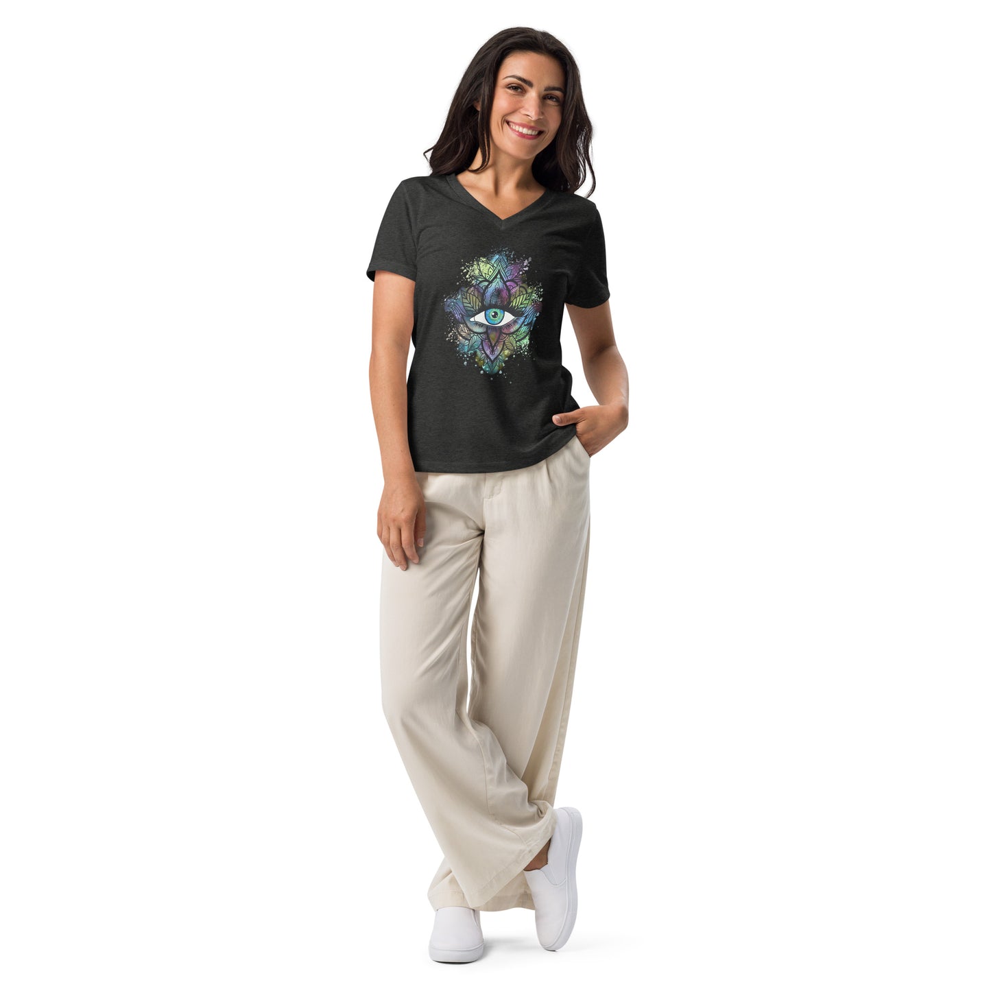 Third Eye Design with Semi Transparent Colors Women’s Relaxed V-neck Tee by EraofInk