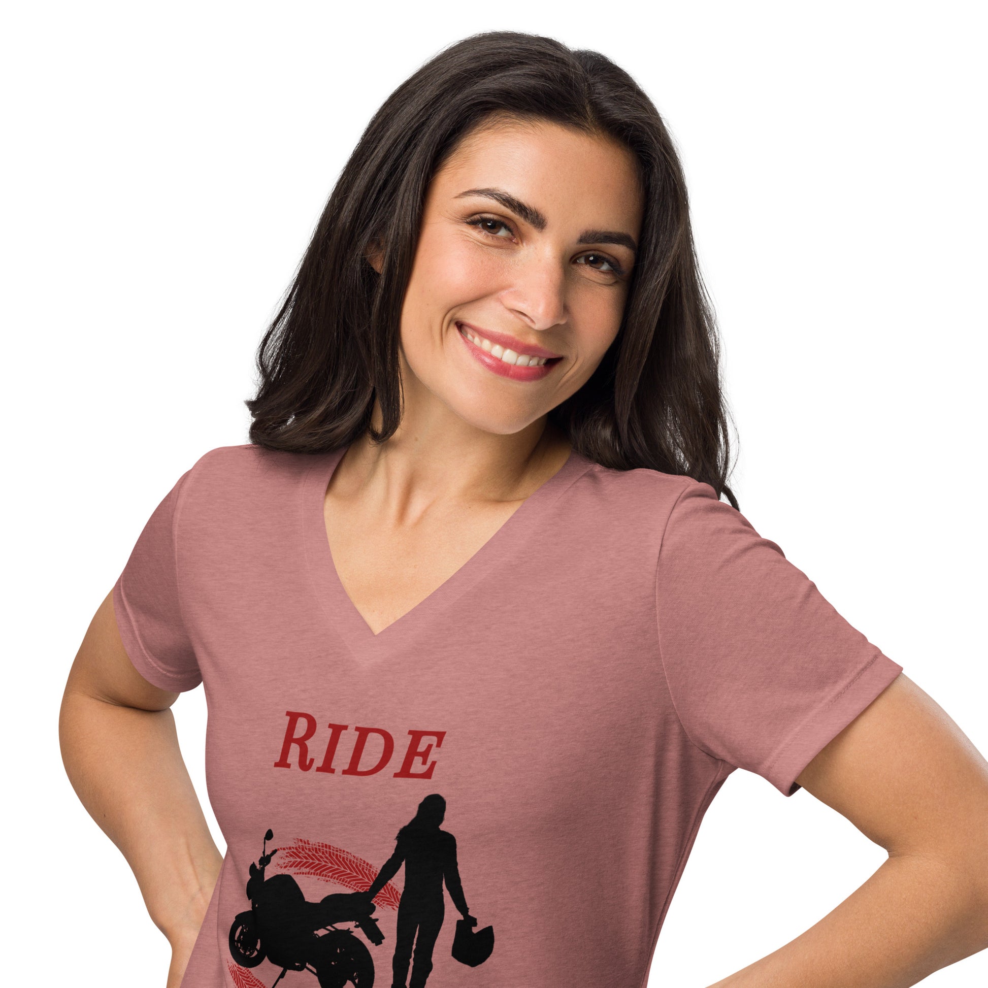 Ride Wild Motorcycle Biker Girl Women’s Relaxed V-neck Tee by EraofInk