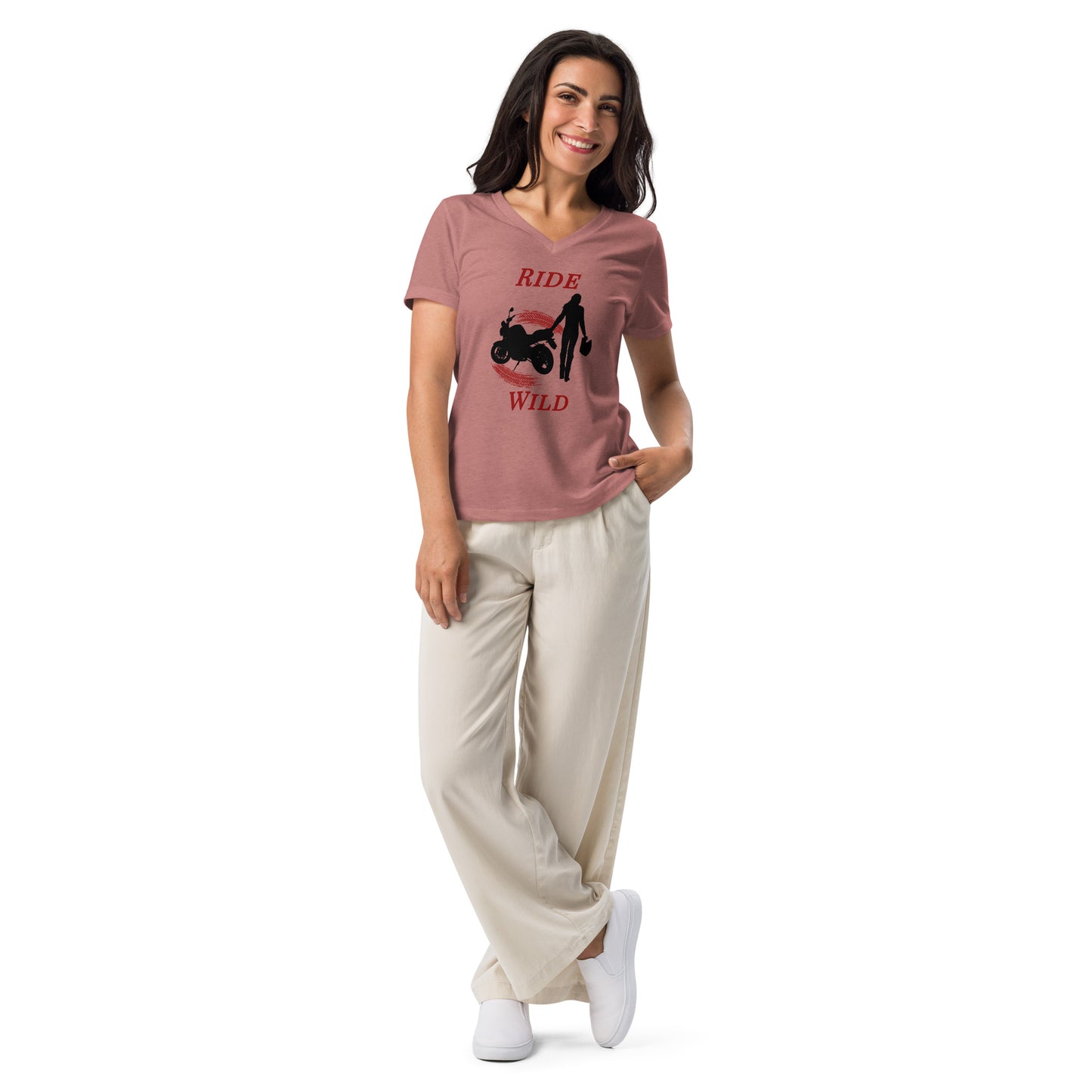 Ride Wild Motorcycle Biker Girl Women’s Relaxed V-neck Tee by EraofInk