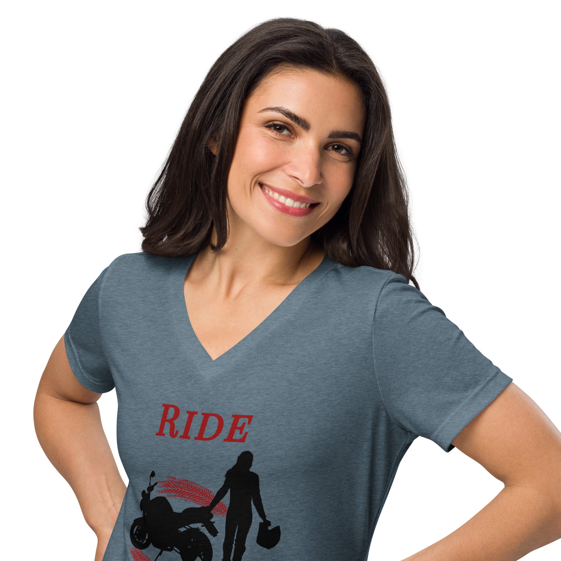 Ride Wild Motorcycle Biker Girl Women’s Relaxed V-neck Tee by EraofInk
