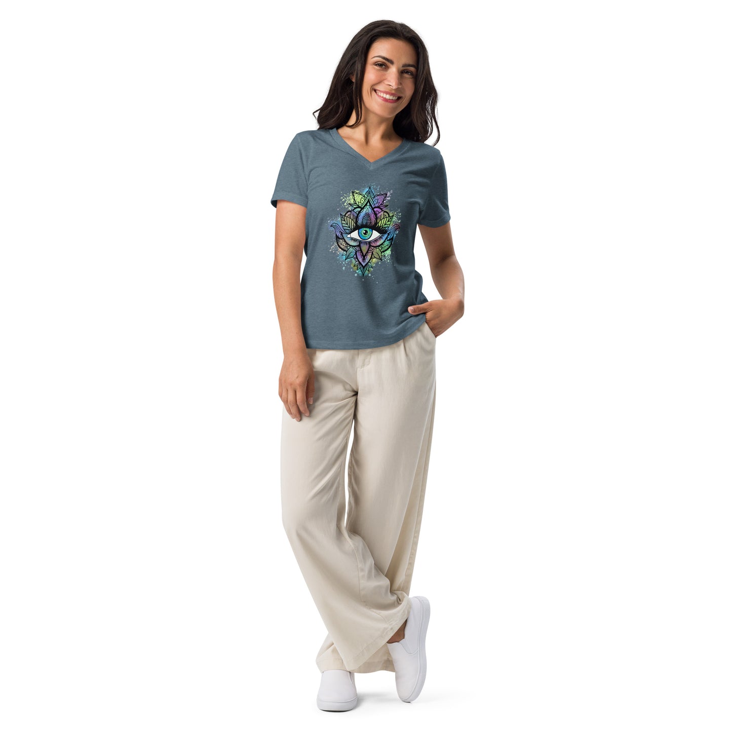 Third Eye Design with Semi Transparent Colors Women’s Relaxed V-neck Tee by EraofInk