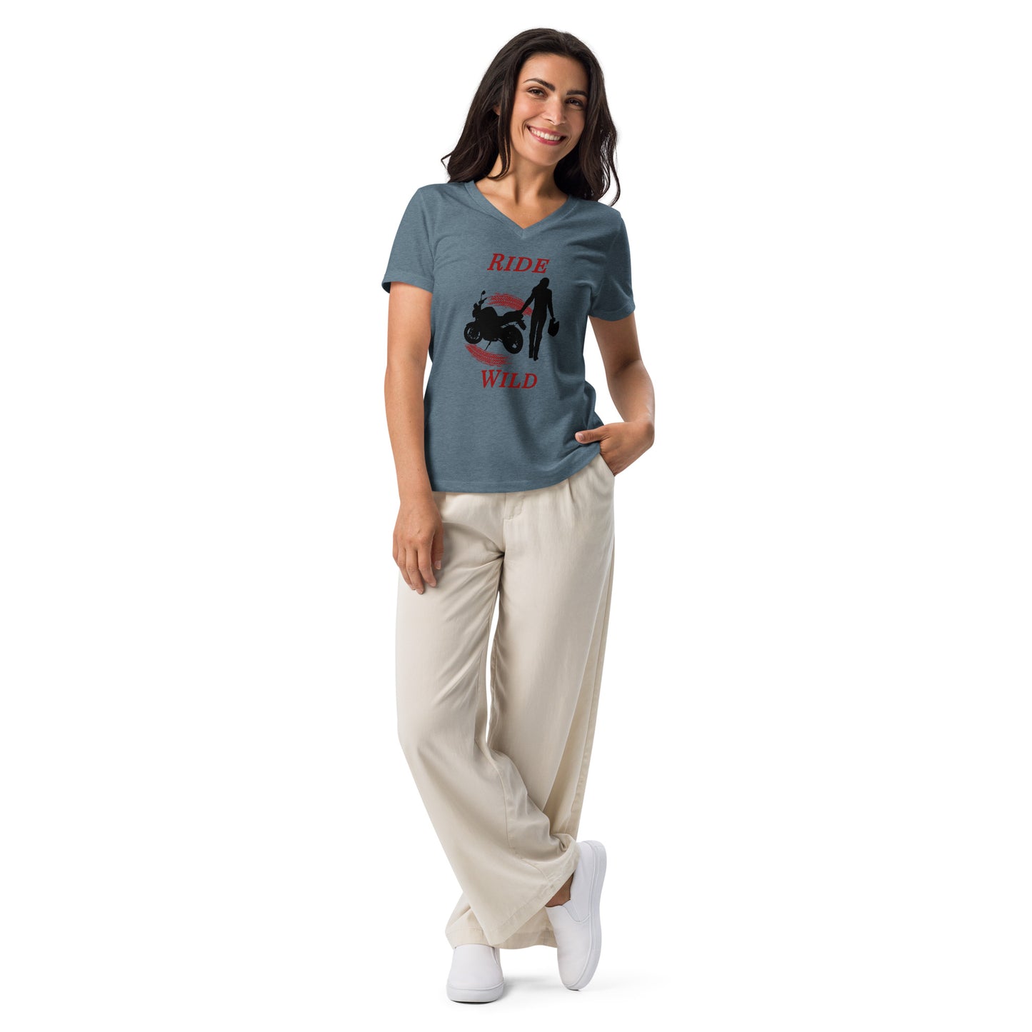 Ride Wild Motorcycle Biker Girl Women’s Relaxed V-neck Tee by EraofInk
