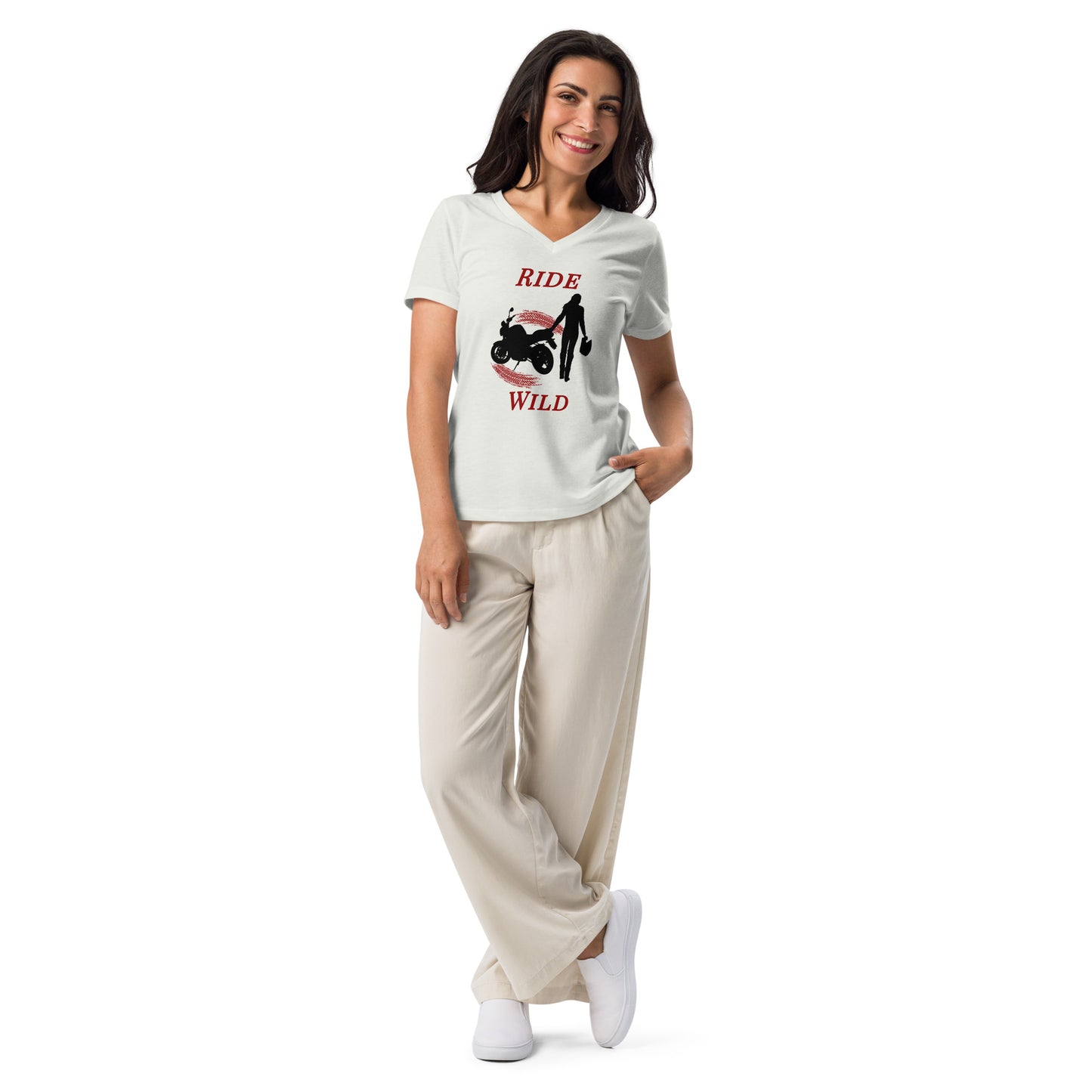 Ride Wild Motorcycle Biker Girl Women’s Relaxed V-neck Tee by EraofInk