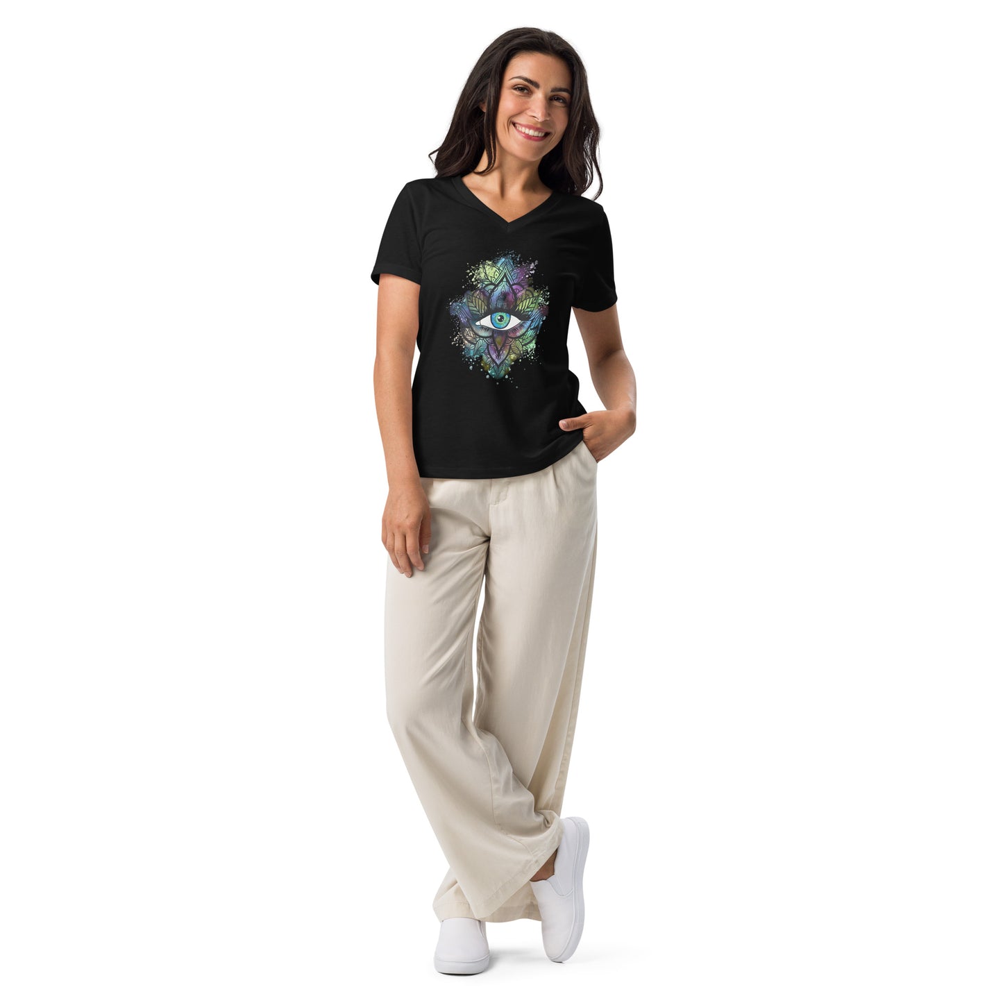 Third Eye Design with Semi Transparent Colors Women’s Relaxed V-neck Tee by EraofInk