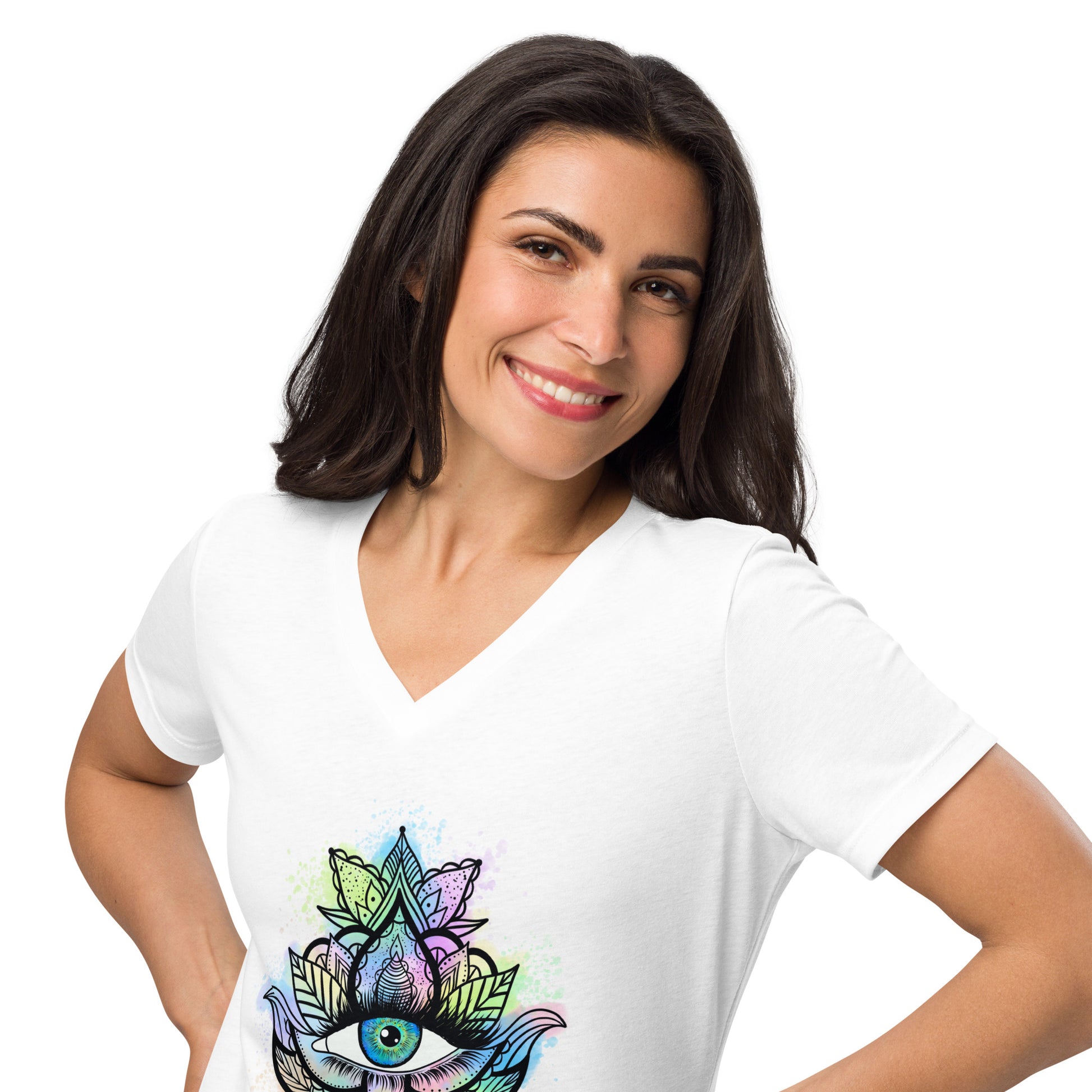 Third Eye Design with Semi Transparent Colors Women’s Relaxed V-neck Tee by EraofInk