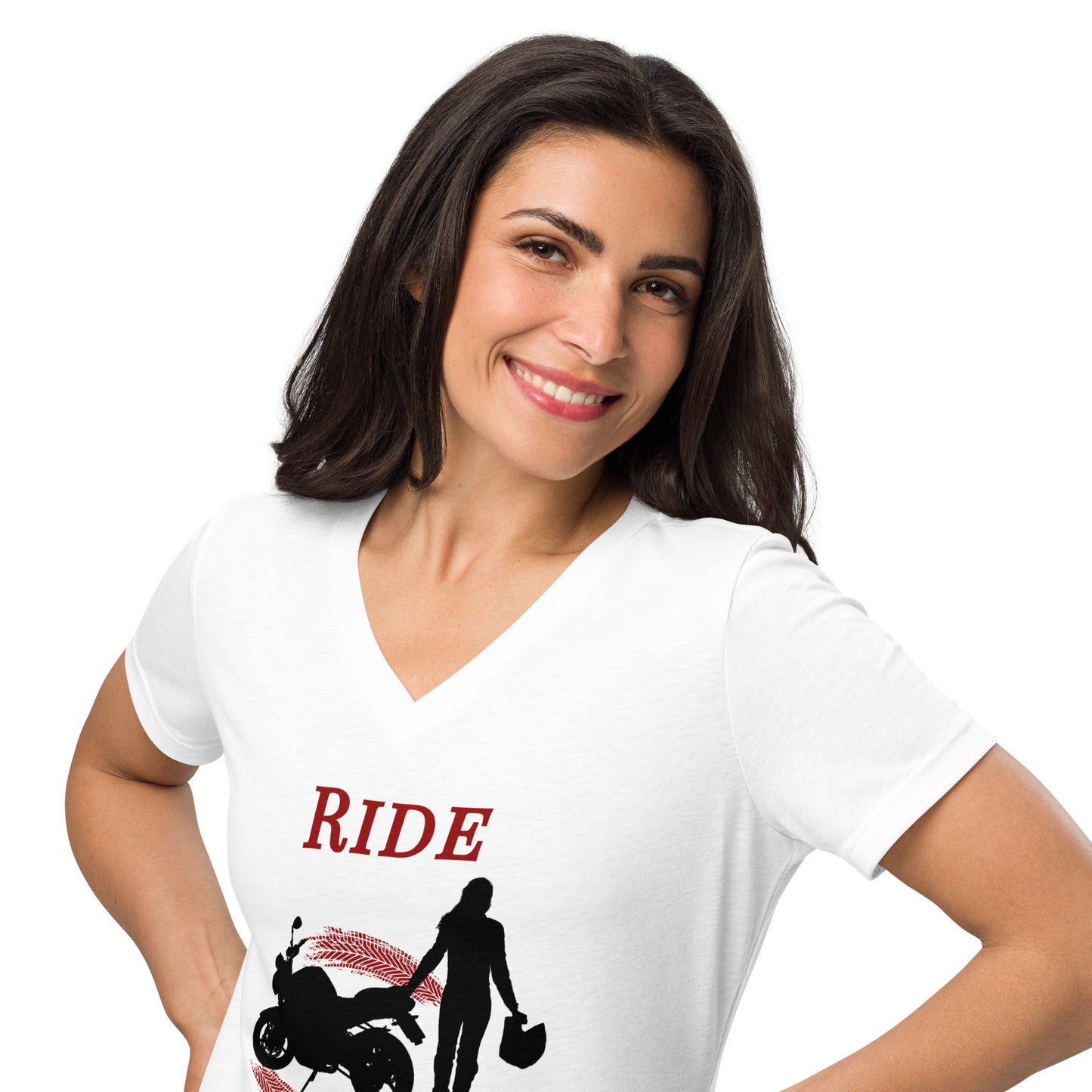 Ride Wild Motorcycle Biker Girl Women’s Relaxed V-neck Tee by EraofInk