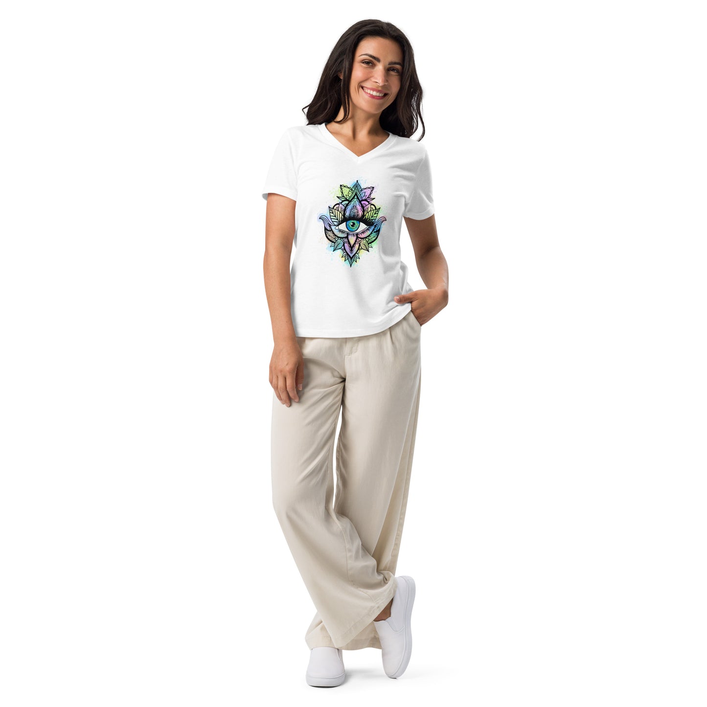 Third Eye Design with Semi Transparent Colors Women’s Relaxed V-neck Tee by EraofInk