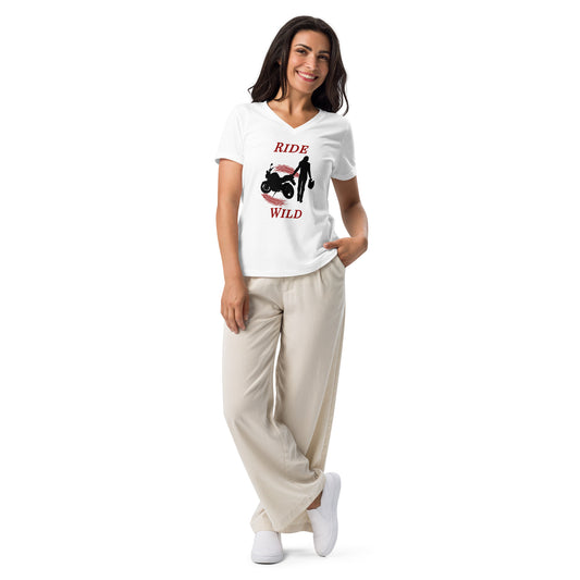 Ride Wild Motorcycle Biker Girl Women’s Relaxed V-neck Tee by EraofInk