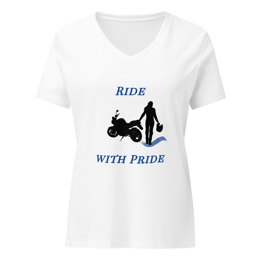 Ride With Pride Motorcycle Biker Girl Women’s Relaxed V-Neck Tee by EraofInk