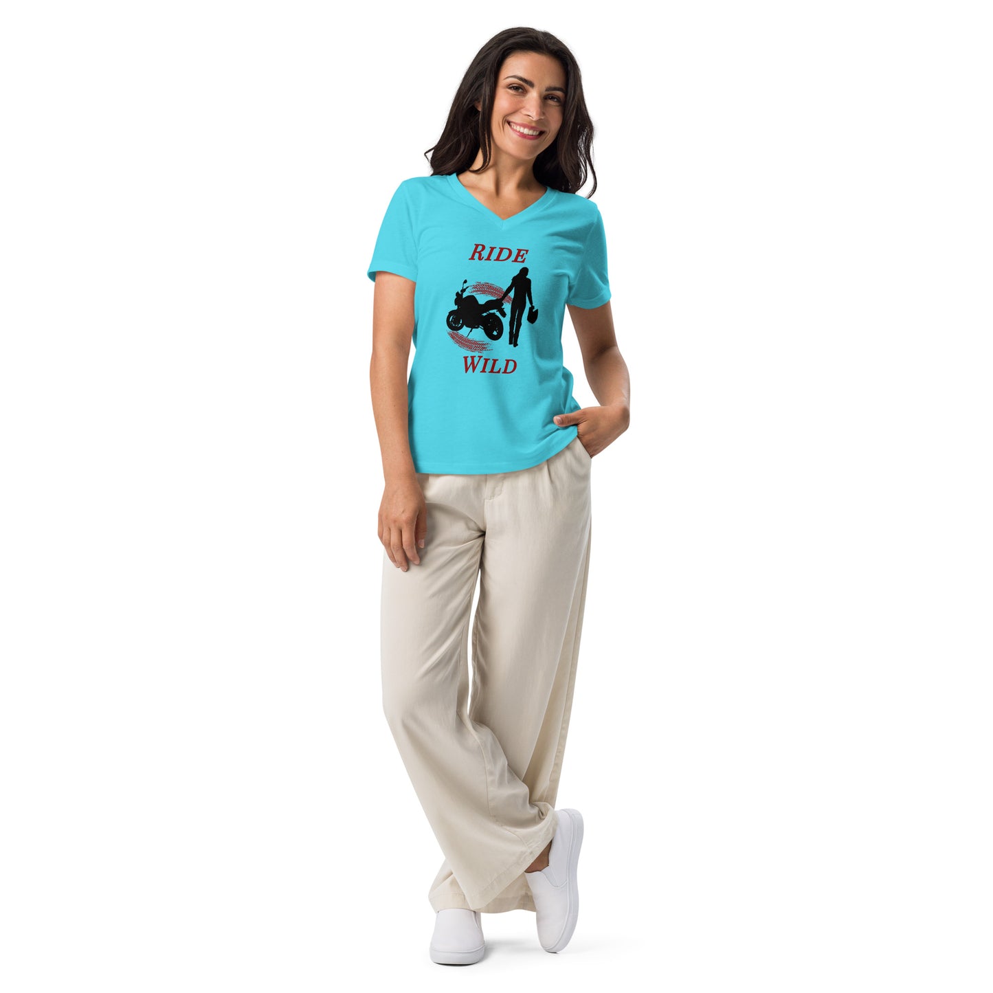 Ride Wild Motorcycle Biker Girl Women’s Relaxed V-neck Tee by EraofInk