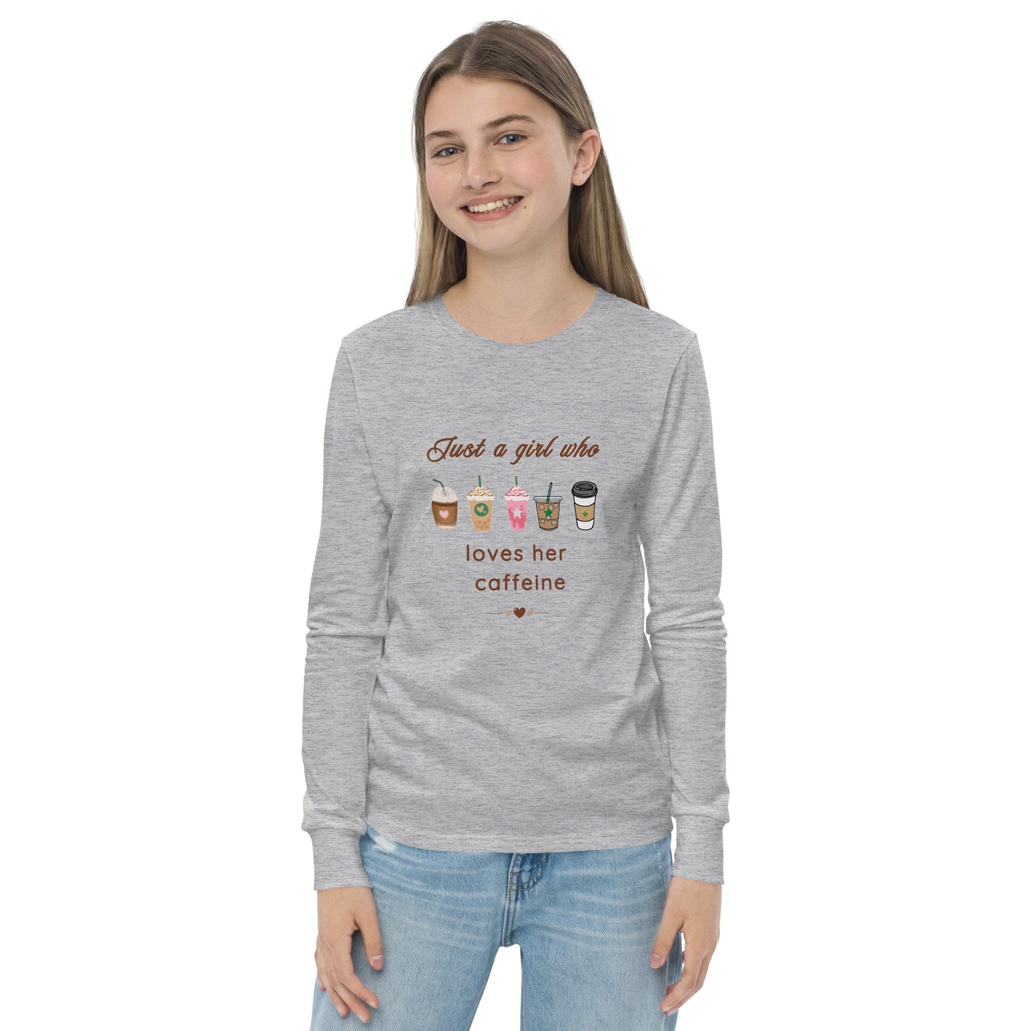 Just a Girl Who Loves Her Caffeine Youth Long Sleeve Tee by EraofInk