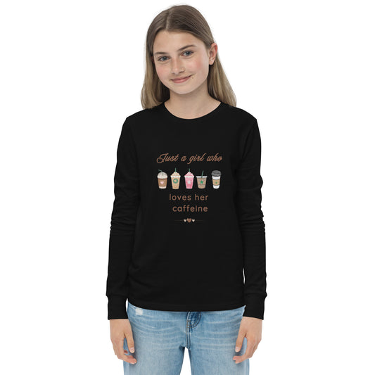 Just a Girl Who Loves Her Caffeine Youth Long Sleeve Tee by EraofInk